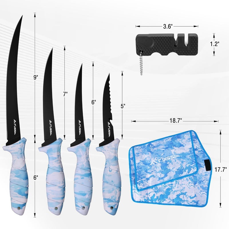 FLISSA Fillet Knife Set with 5"/6"/7"/9" Fillet Knives, Sharpener, Protective Sheath, Portable Roll Bag, Gifts for Fishermen, Saltwater & Freshwater Use - Image 2